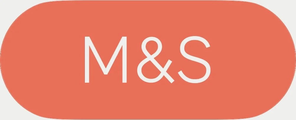 Red oval-shaped logo with white text that reads 'M&S'