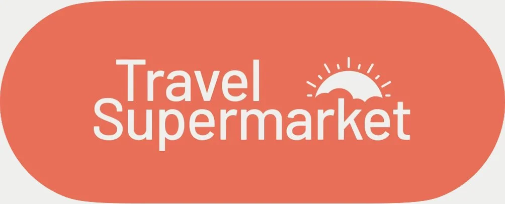 Travel supermarket logo with a white sun icon on a red background.