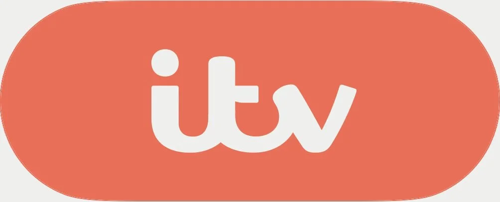 Itv logo on a red oval background.