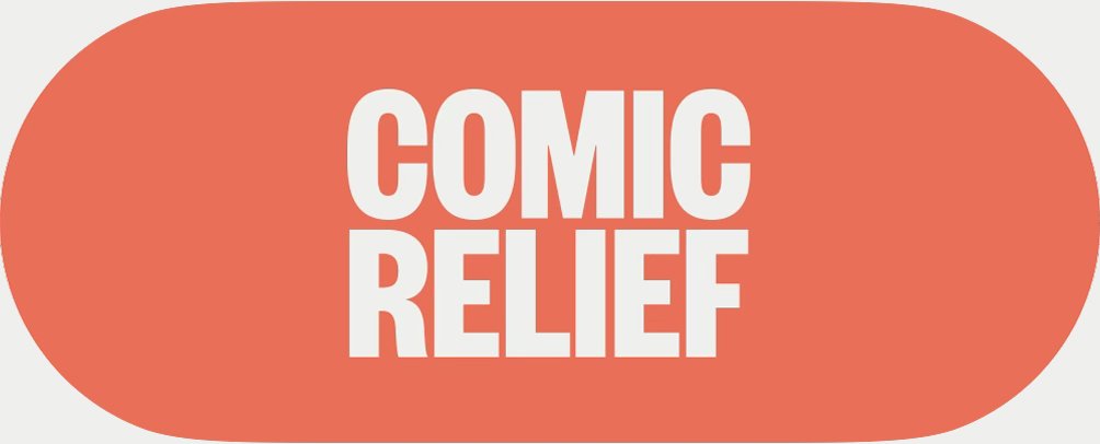 Red oval badge with white text that reads "COMIC RELIEF".