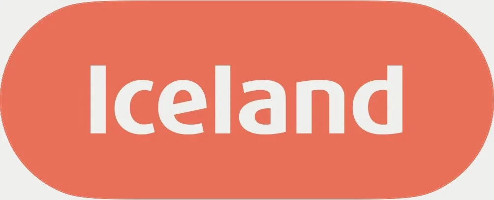 Orange oval shape with the word 'Iceland' in white bold lowercase letters in the center.