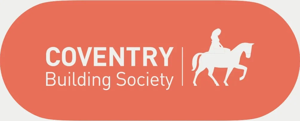 Logo for Coventry Building Society with white text on an orange background, featuring a silhouette of a woman riding a horse.
