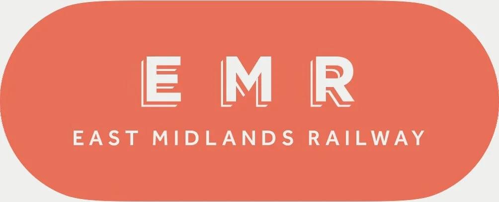 Logo with red oval background and white text reading "E M R" and "East Midlands Railway" underneath.