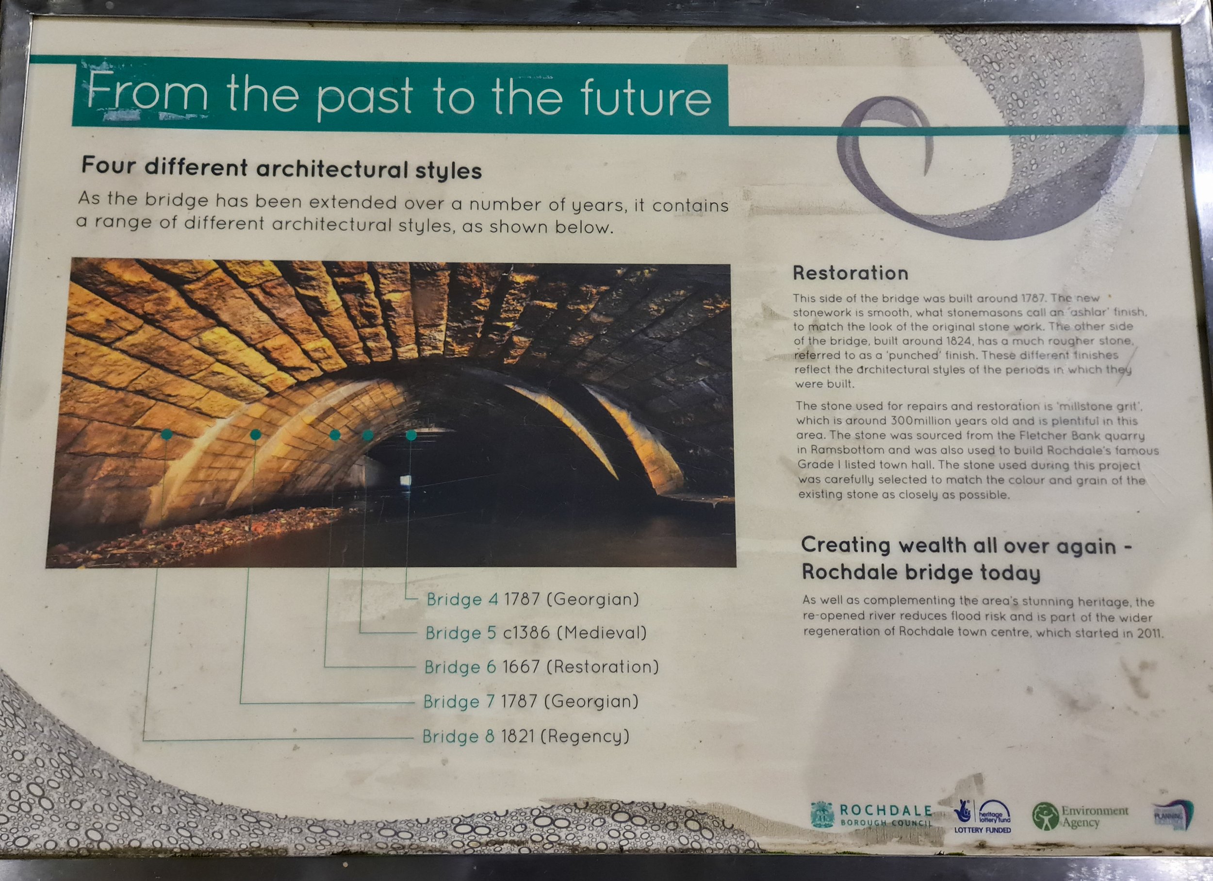 A useful bit of information detailing the medieval bridge and its layers over the years can be found walking topside along the river.