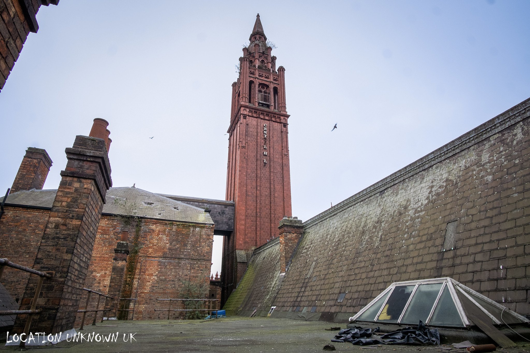 Looking up at the tower from the roof.