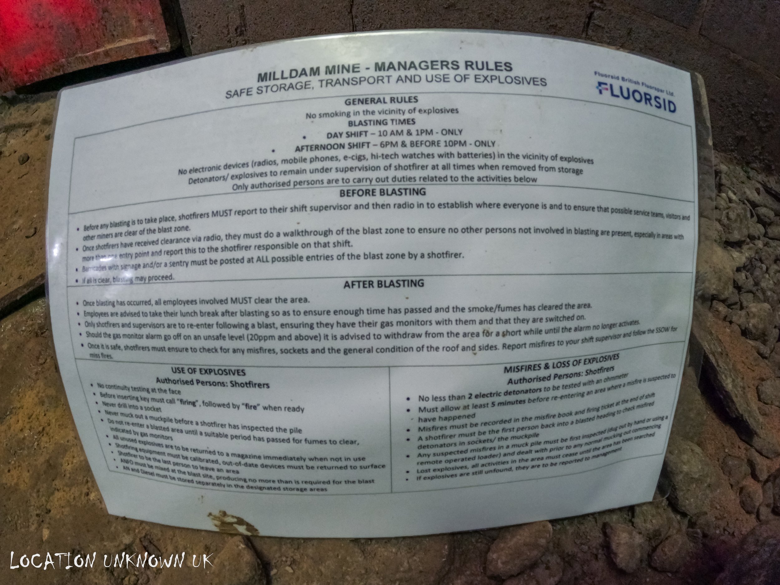 Managed to find a ‘safe storage, transport and use of explosives’ sign which described times and safe explosive practices.