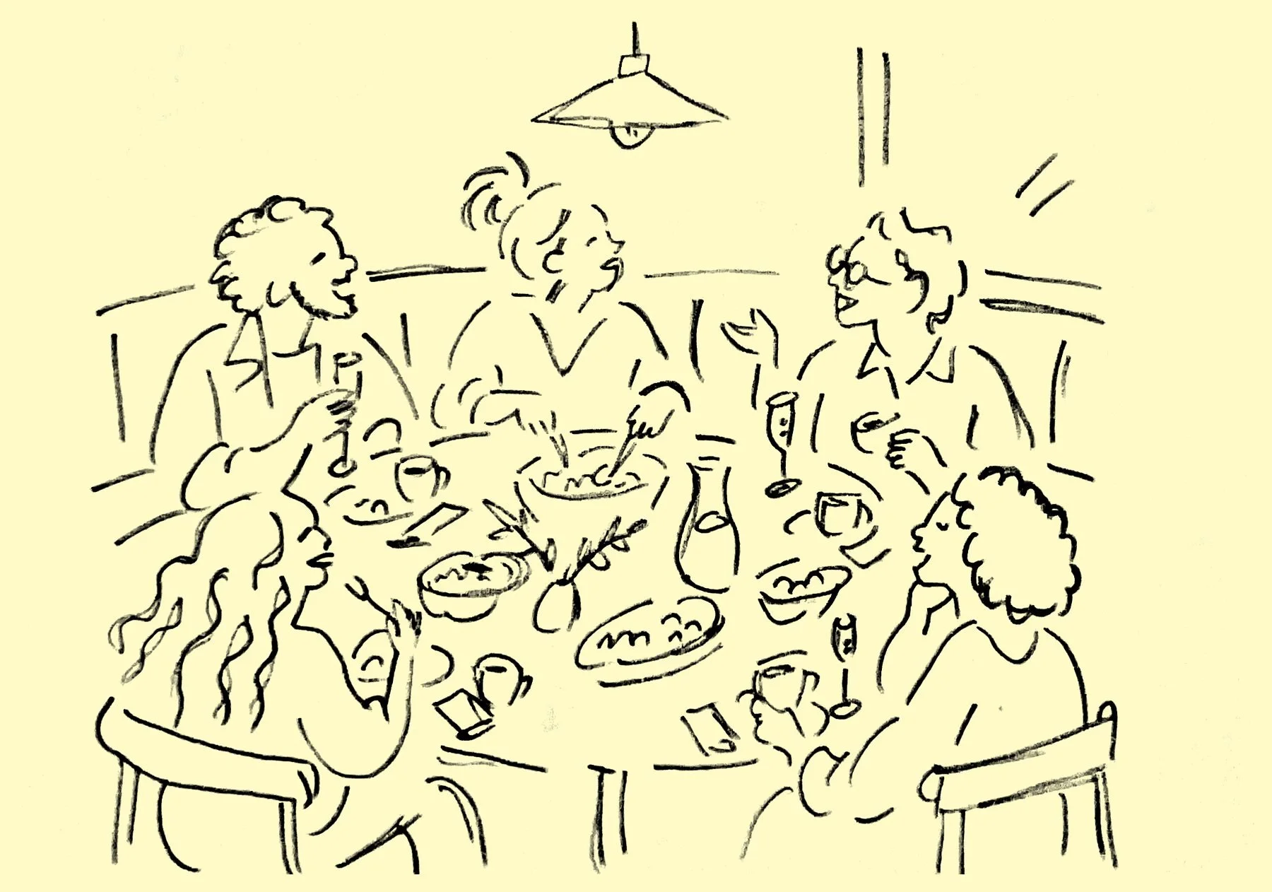 Illustration einer langen Tavolata mit Tellern, Gläsern und vegetarischen Speisen