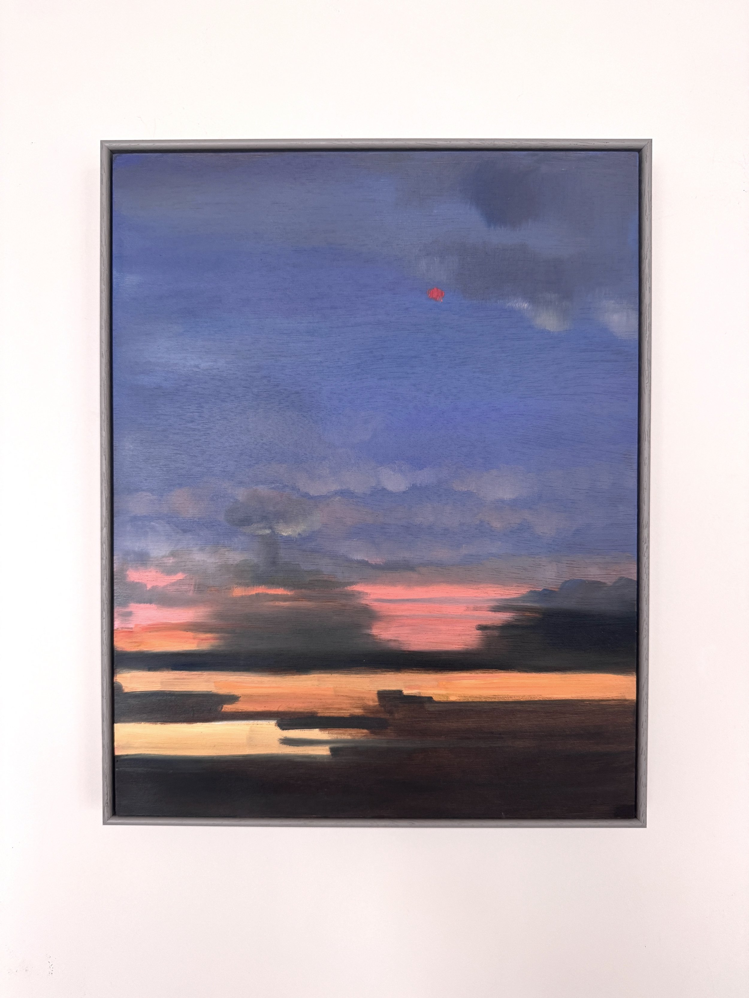 Contemporary landscape, red moon and smoke 2025 28cmx35cm framed oil on board £850