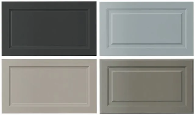 Custom cabinet door styles in charcoal sage green taupe and grey raised panel finishes Pembroke Ontario