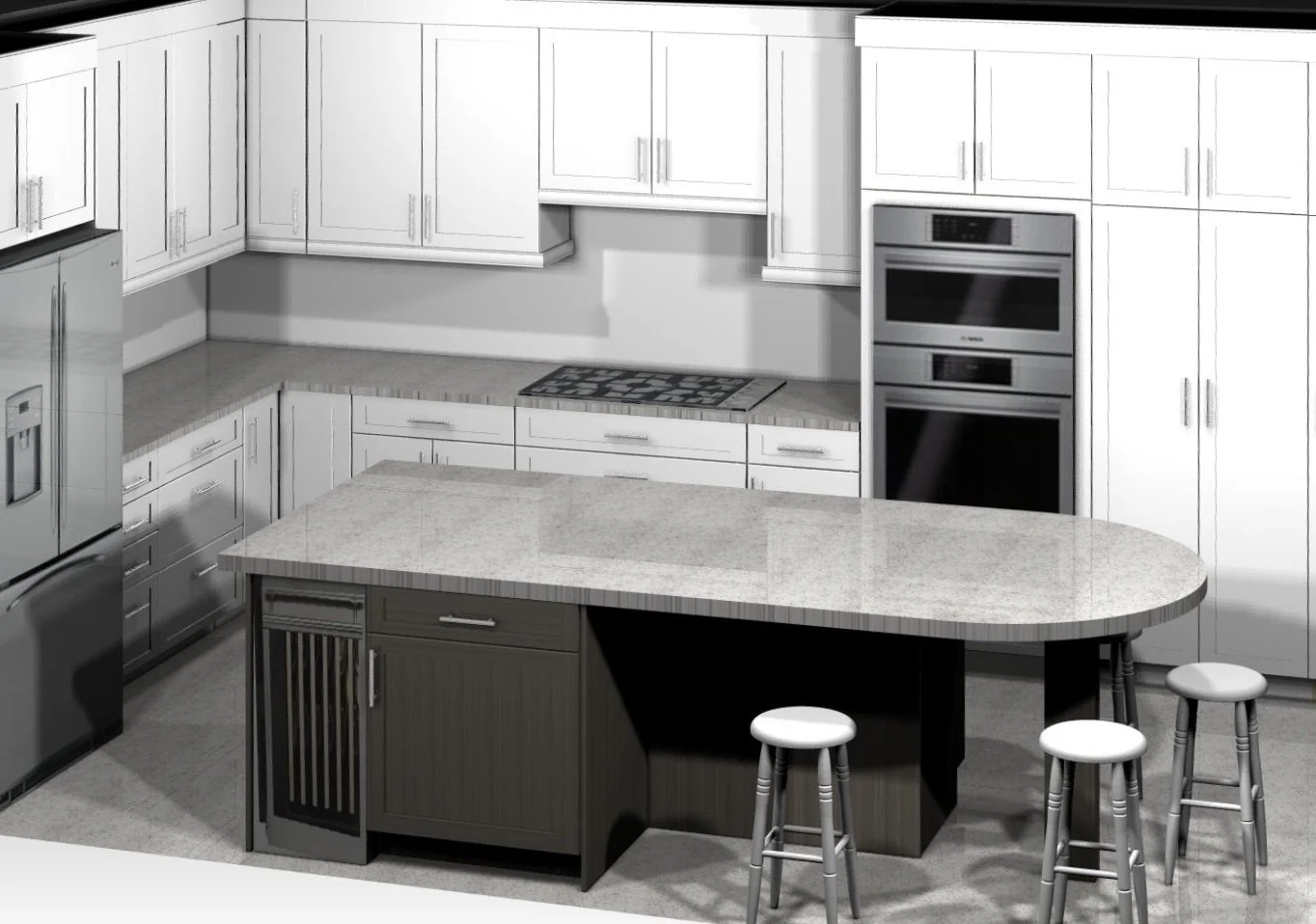3D kitchen design render with white shaker cabinets two-tone island and granite countertop Pembroke Ontario