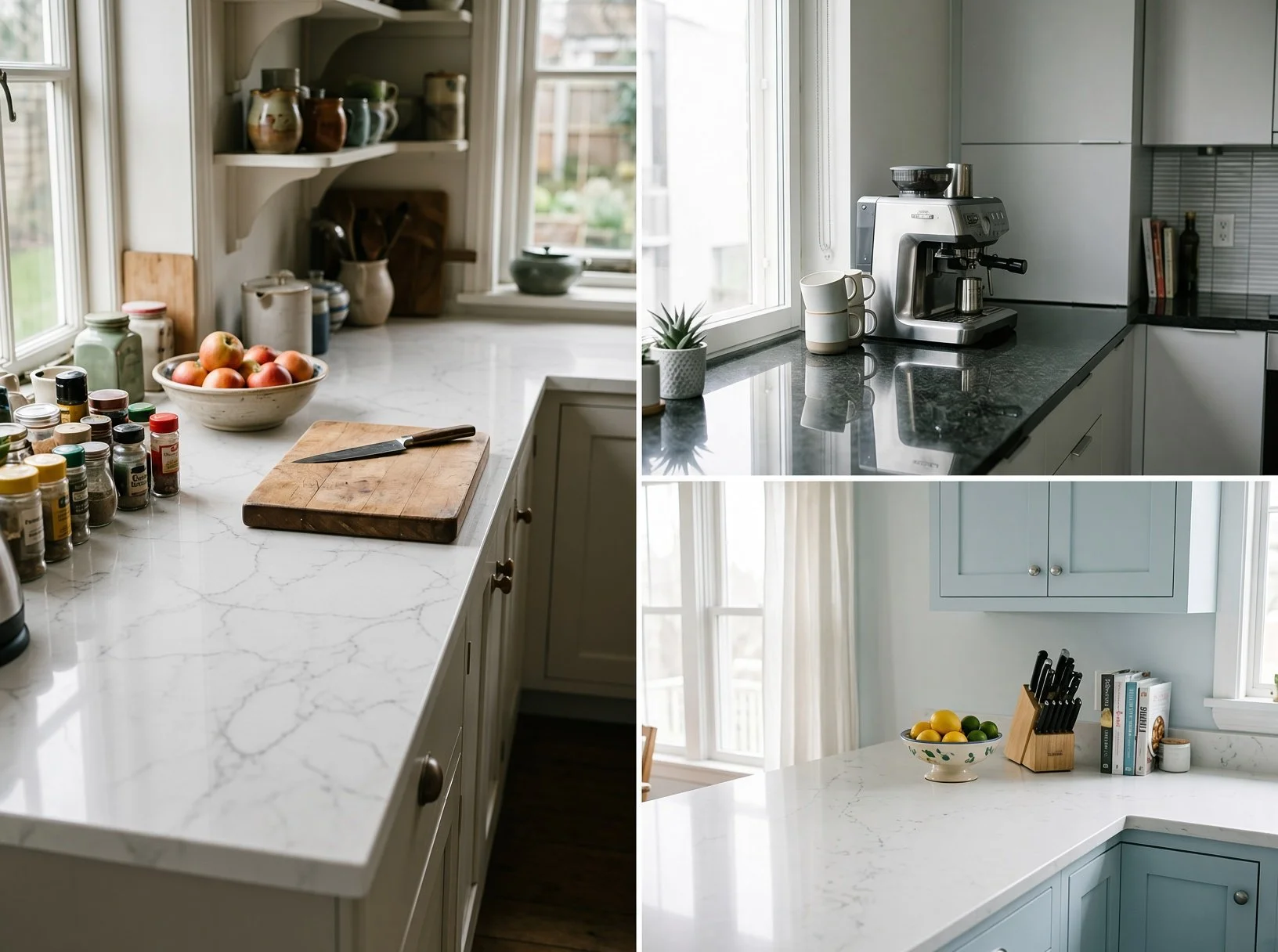 Kitchen countertop styles and colours including white marble-look quartz, polished black granite, and light quartz paired with pale blue cabinets