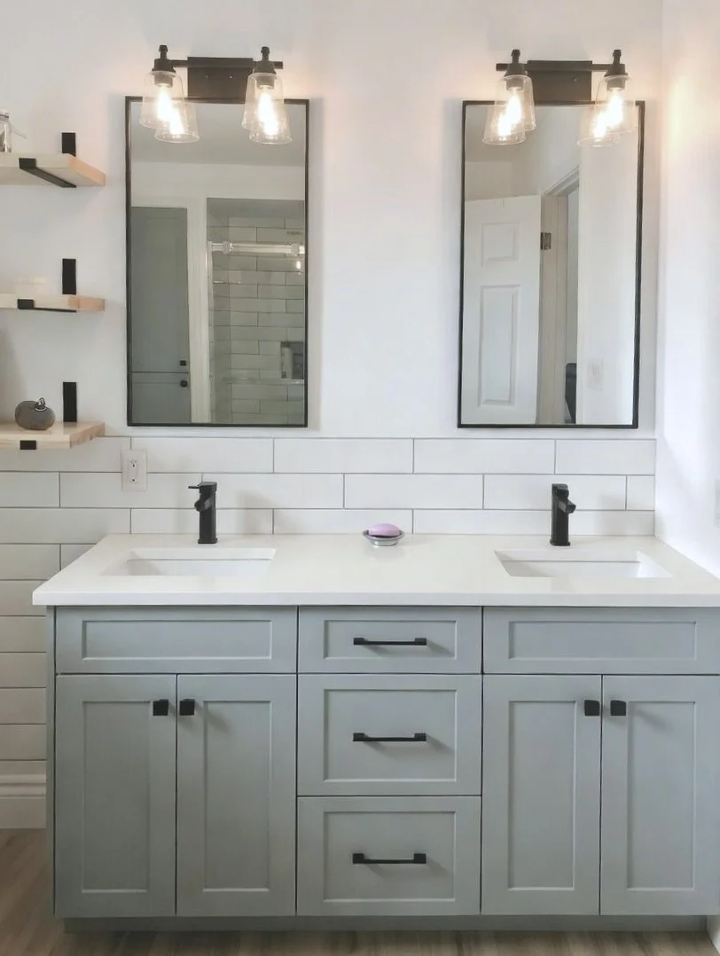 Custom double sink grey shaker bathroom vanity with white quartz countertop and matte black hardware by Bob & Mark's Custom Cabinets, Pembroke Ontario