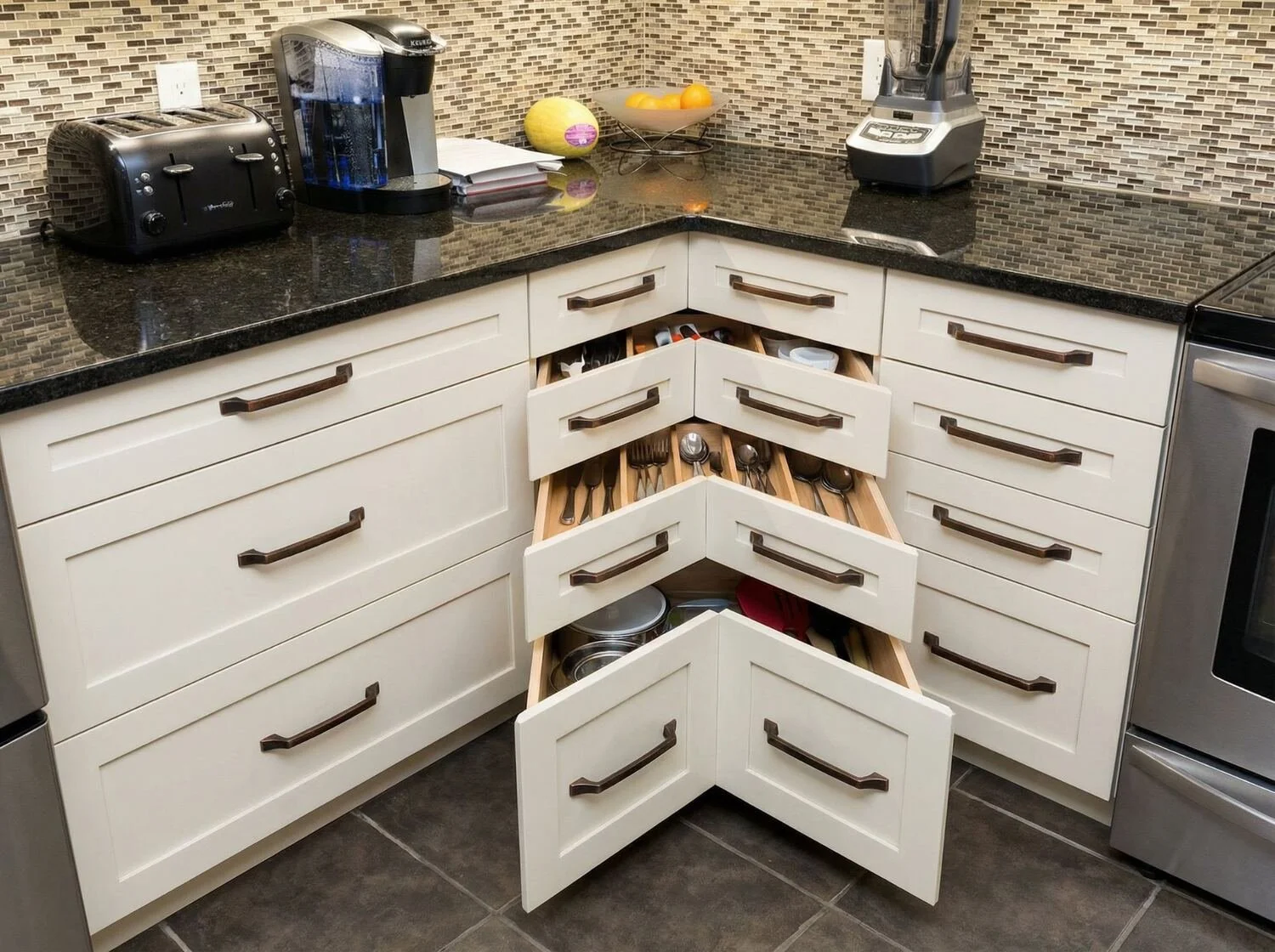 Custom corner cabinet with angled pull-out drawers and built-in cutlery organizers by Bob and Mark's Custom Cabinets Pembroke