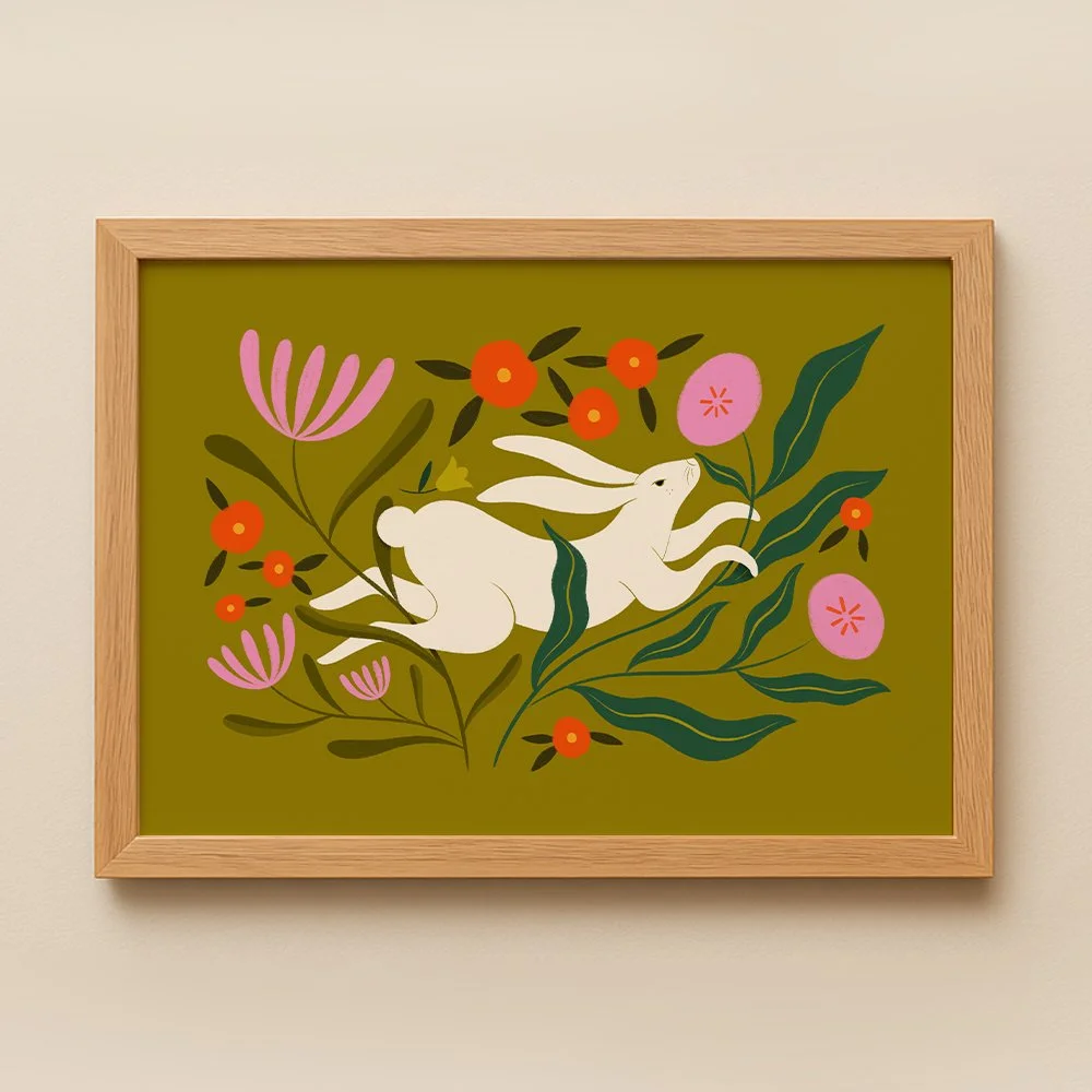 Lapin et fleurs sur fond vert