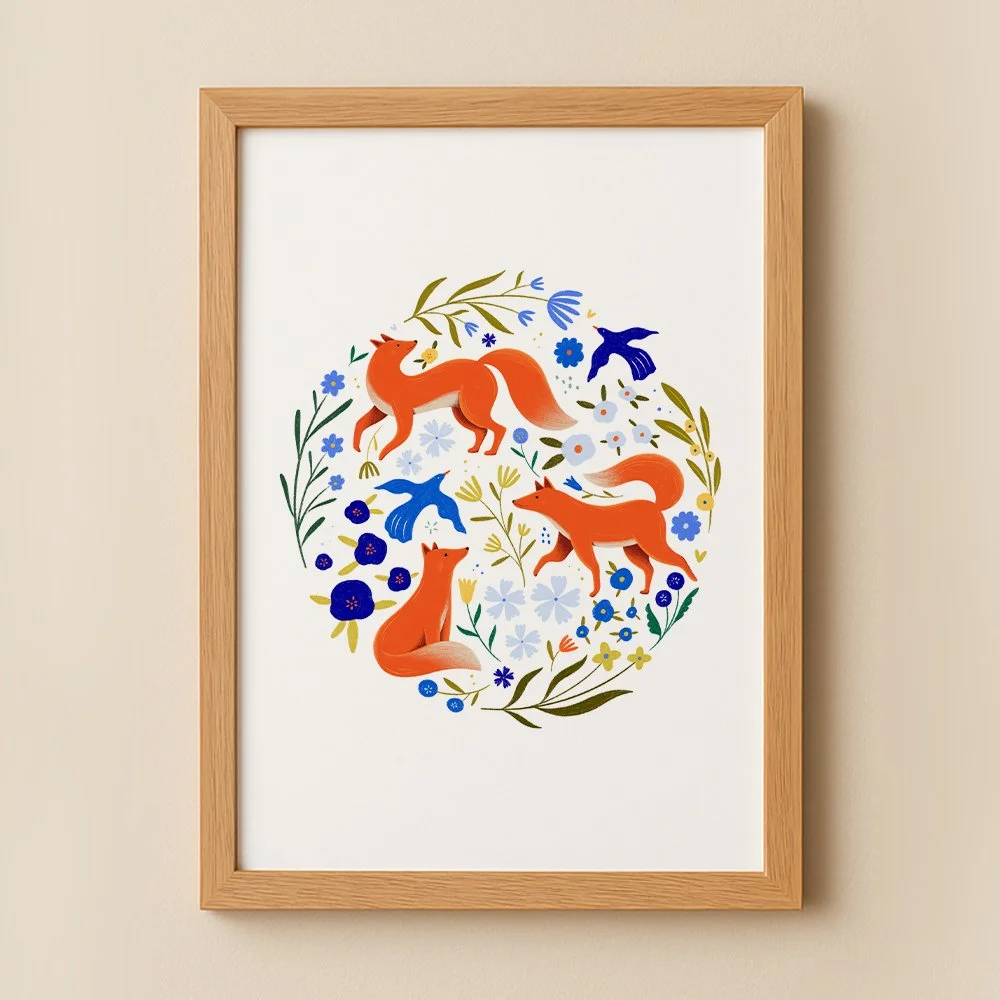 Renards et herbier de fleurs rond