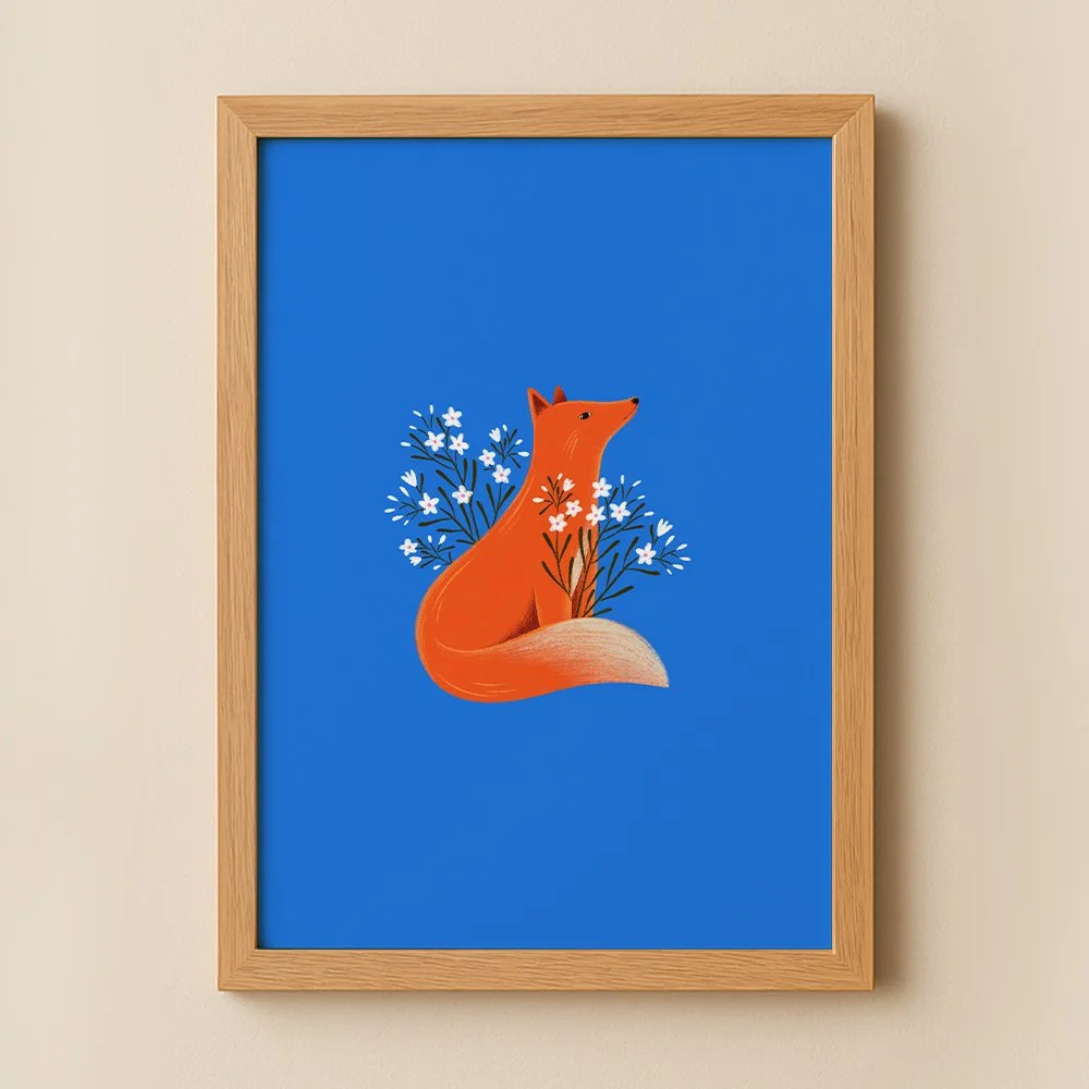 Renard et bouquet de fleurs sur fond bleu