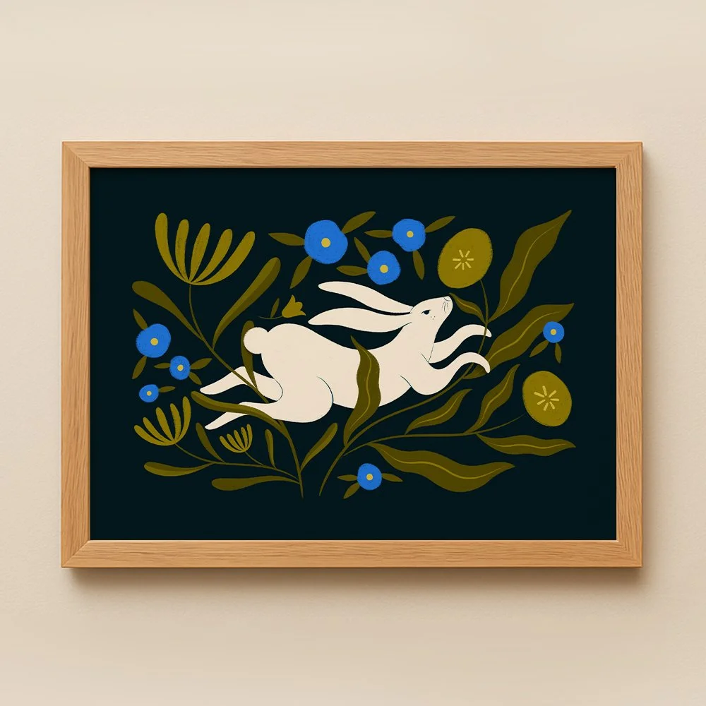 Lapin et fleurs sur fond bleu nuit