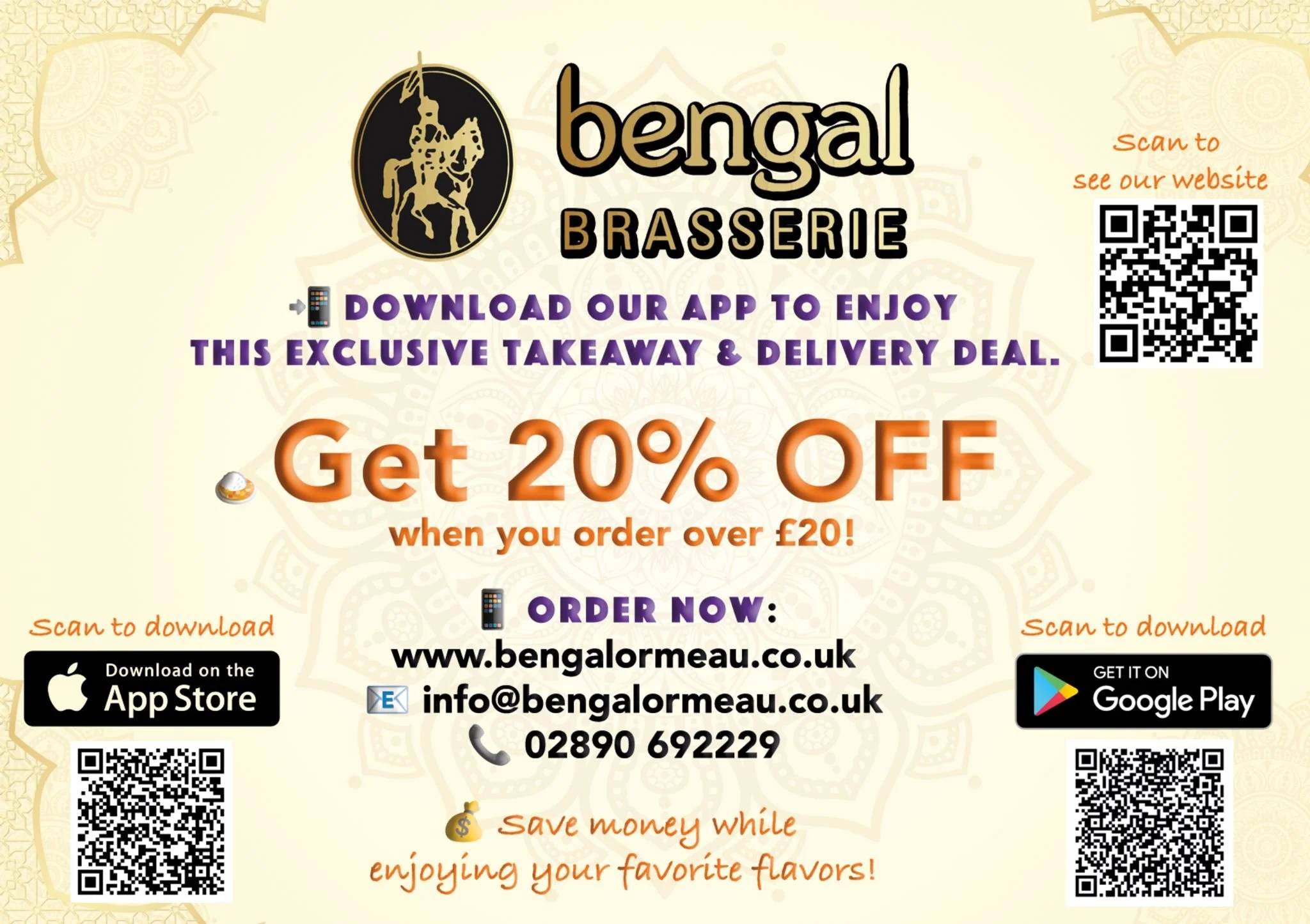 Bengal Brasserie advertisement featuring the restaurant's logo with a gold and black image of a Bengal tiger, promotional offer of 20% off on orders over £20, QR codes for website and app downloads, contact information, and text encouraging downloading the app and enjoying flavors.