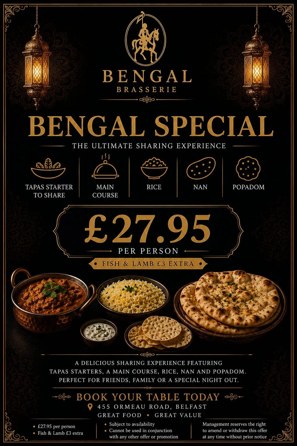 Promotional flyer for Bengal Brasserie in Belfast, featuring a special sharing menu for £27.95 per person, with options including tapas starter, main course, rice, nan, and popadoms. The flyer displays images of various Indian dishes, decorative lanterns, and an ornate border.
