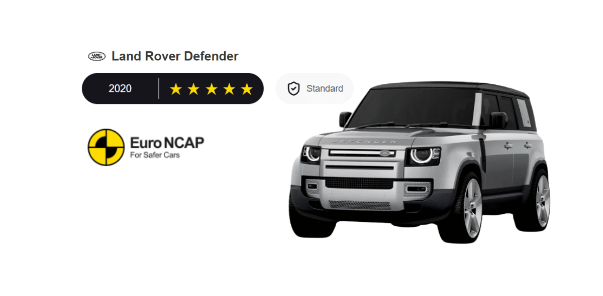 Image shows a Land Rover Defender next to a five star rating, a Land Rover logo and a EuroNCAP logo