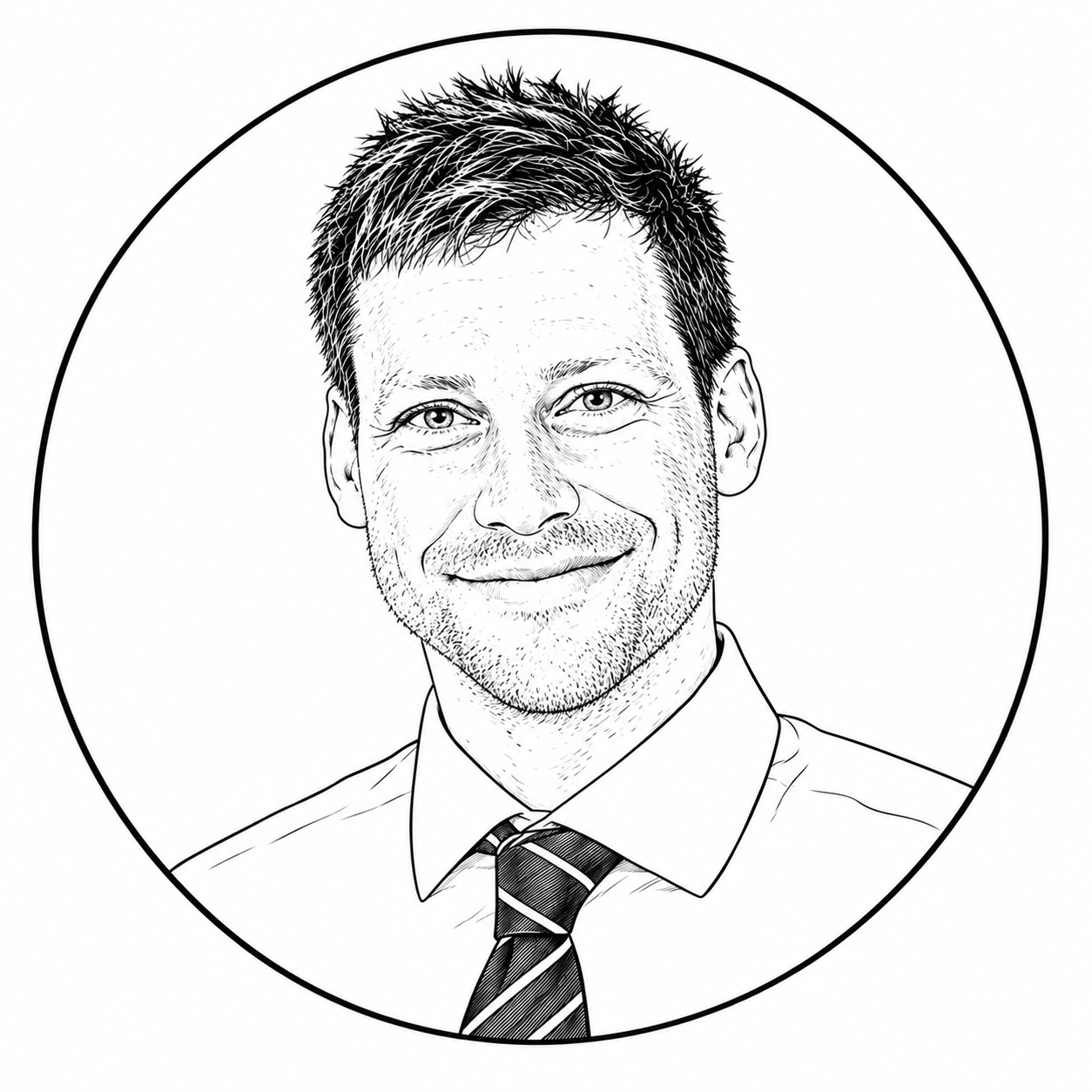 Black and white sketch of a smiling man with short hair, wearing a collared shirt and a striped tie, within an oval frame.