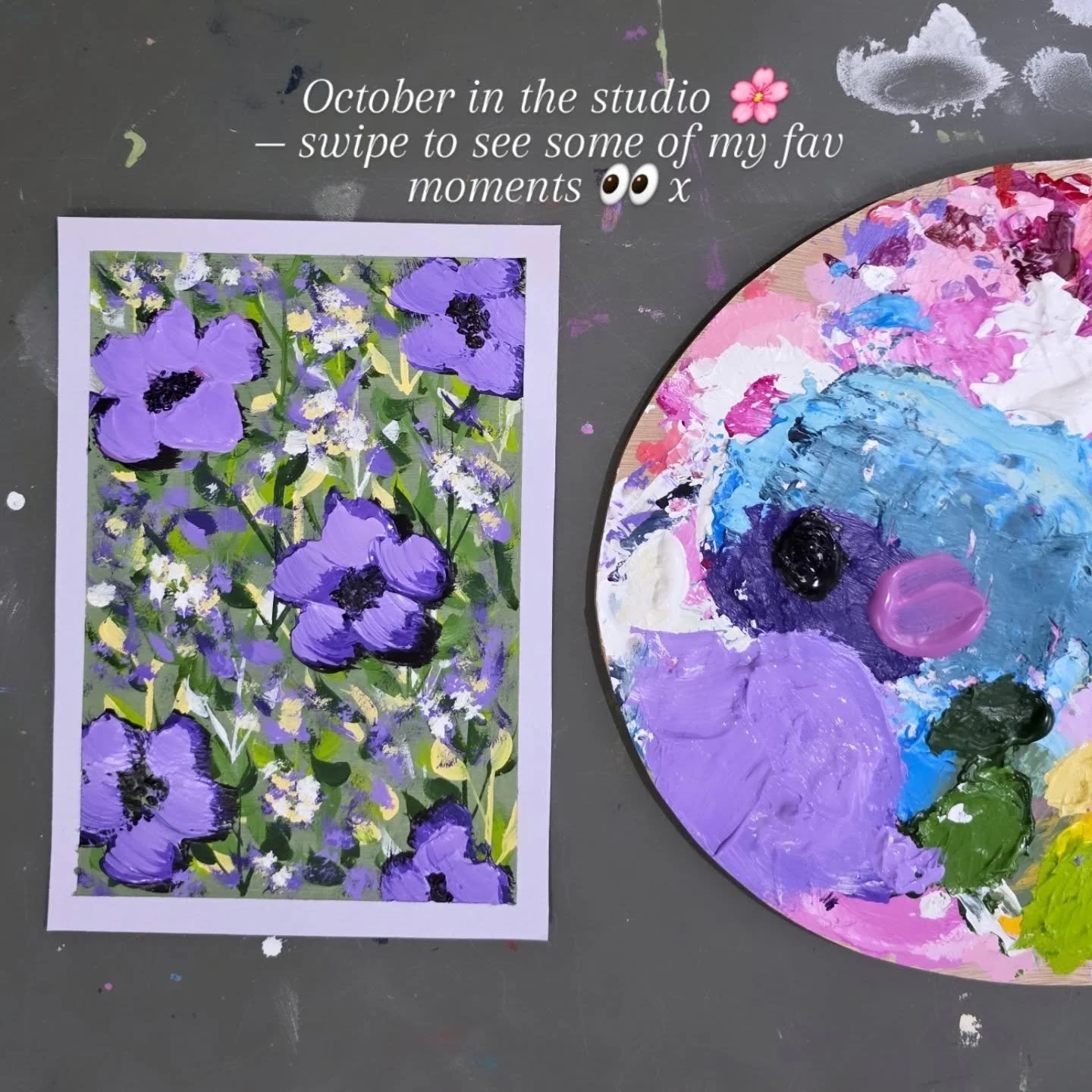 October in the studio 🌿✨
A mix of late nights, layered textures, new palettes, and plenty of paint-covered hands.
Each piece holds a little memory from this month &mdash; can&rsquo;t wait to see which one you connect with most 🤍

Which moment is yo