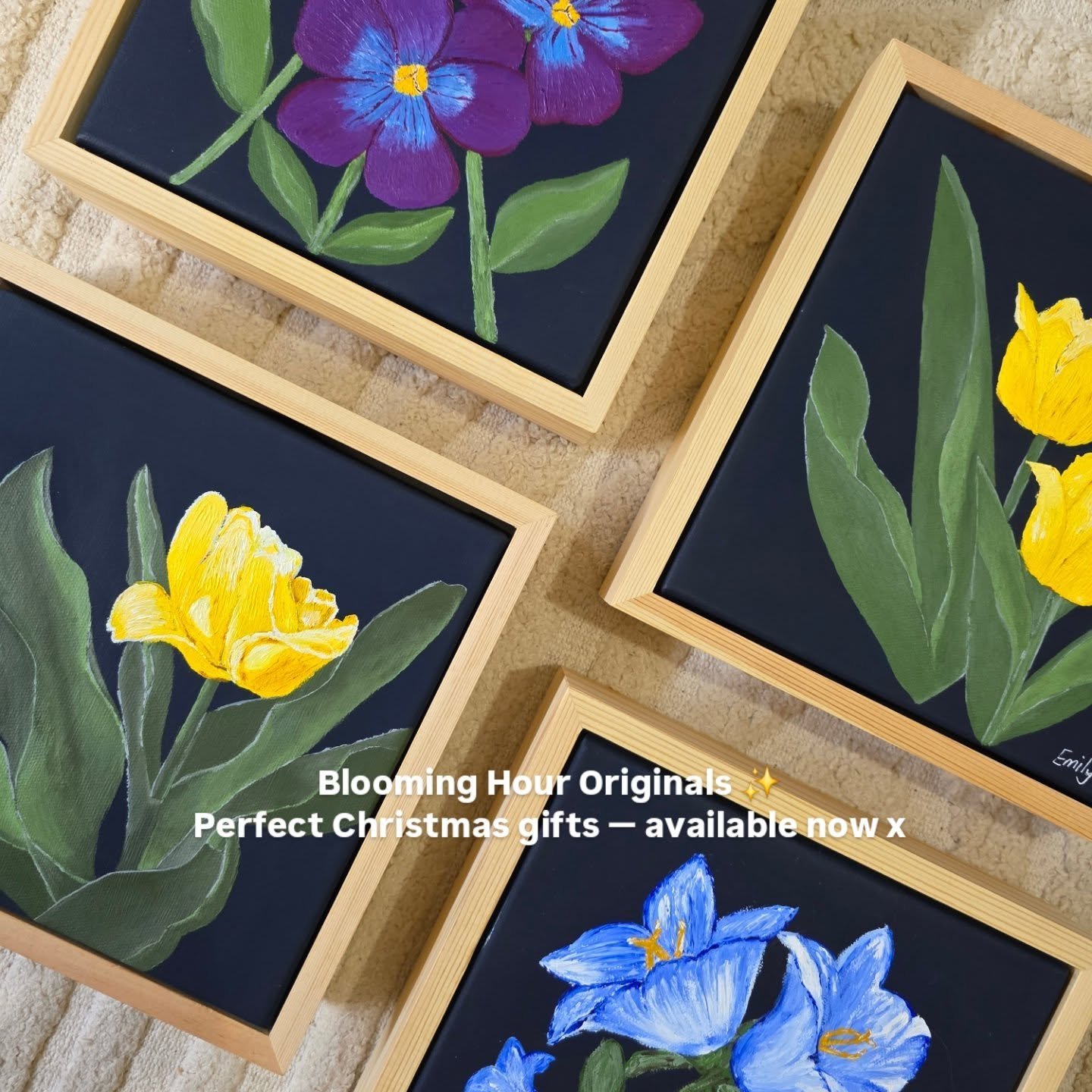 The perfect Christmas gift for the art lover 🎁✨
Introducing the Blooming Hour Originals &mdash; four unique floral paintings, designed to be mixed, matched, and gifted 🌿 Available as a set or individually 💛

Each one is hand-painted, framed, and r