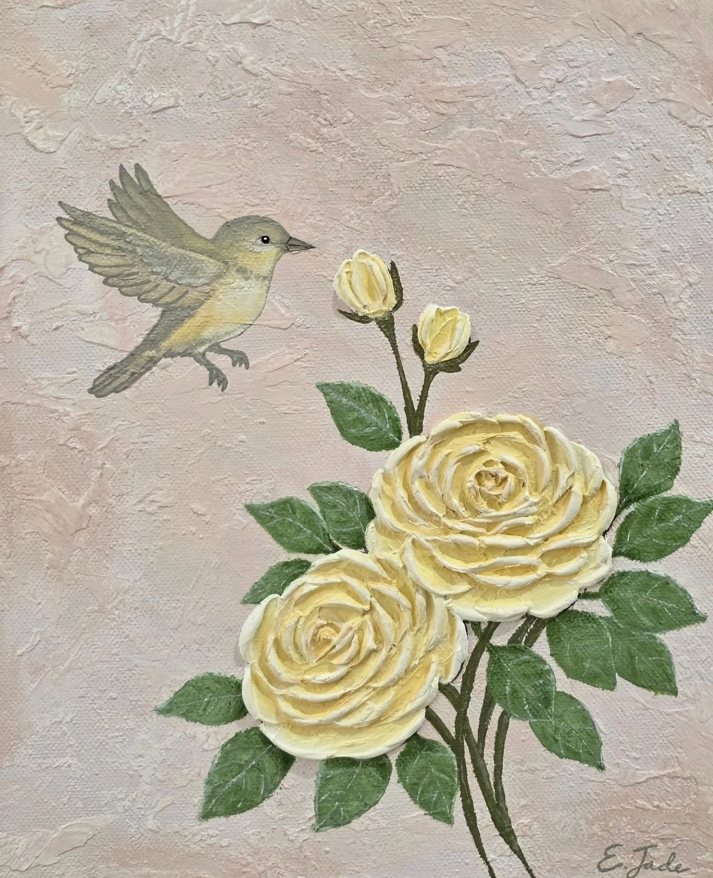 Soft yellow roses and a quiet visitor&hellip; 🕊️

I added the finishing touches to this piece today and loved watching the soft layers come together. There&rsquo;s something so peaceful about these gentle yellow tones and the little bird visiting th