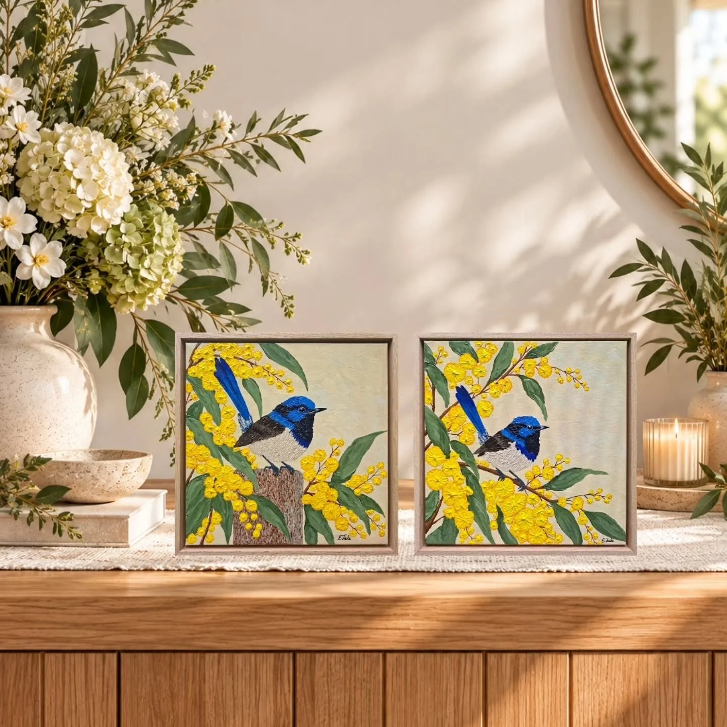 Wally &amp; Walter are off on their next adventure! 🐦🌼

After their little trip to the Boorowa Art Show, Wally's Hideaway and Walter's Lookout are heading to @giftsatteacup in Roma! 😍

Two original Australian wattle and blue wren paintings, inspir