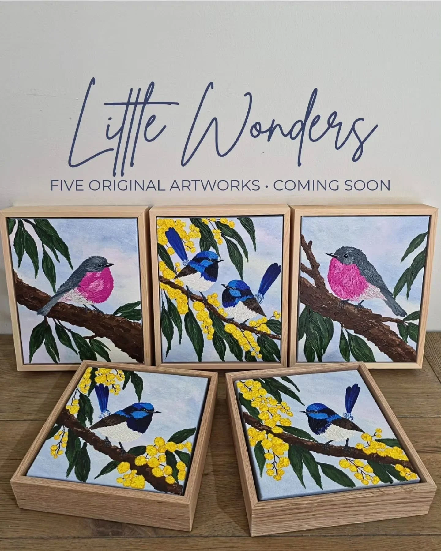 Introducing LITTLE WONDERS! 🩷💙💛

Five mini originals, a whole lot of texture and SO much colour!!

Inspired by some of Australia's most beautiful little feathered friends, this collection is officially finished and will be making its way to @gifts
