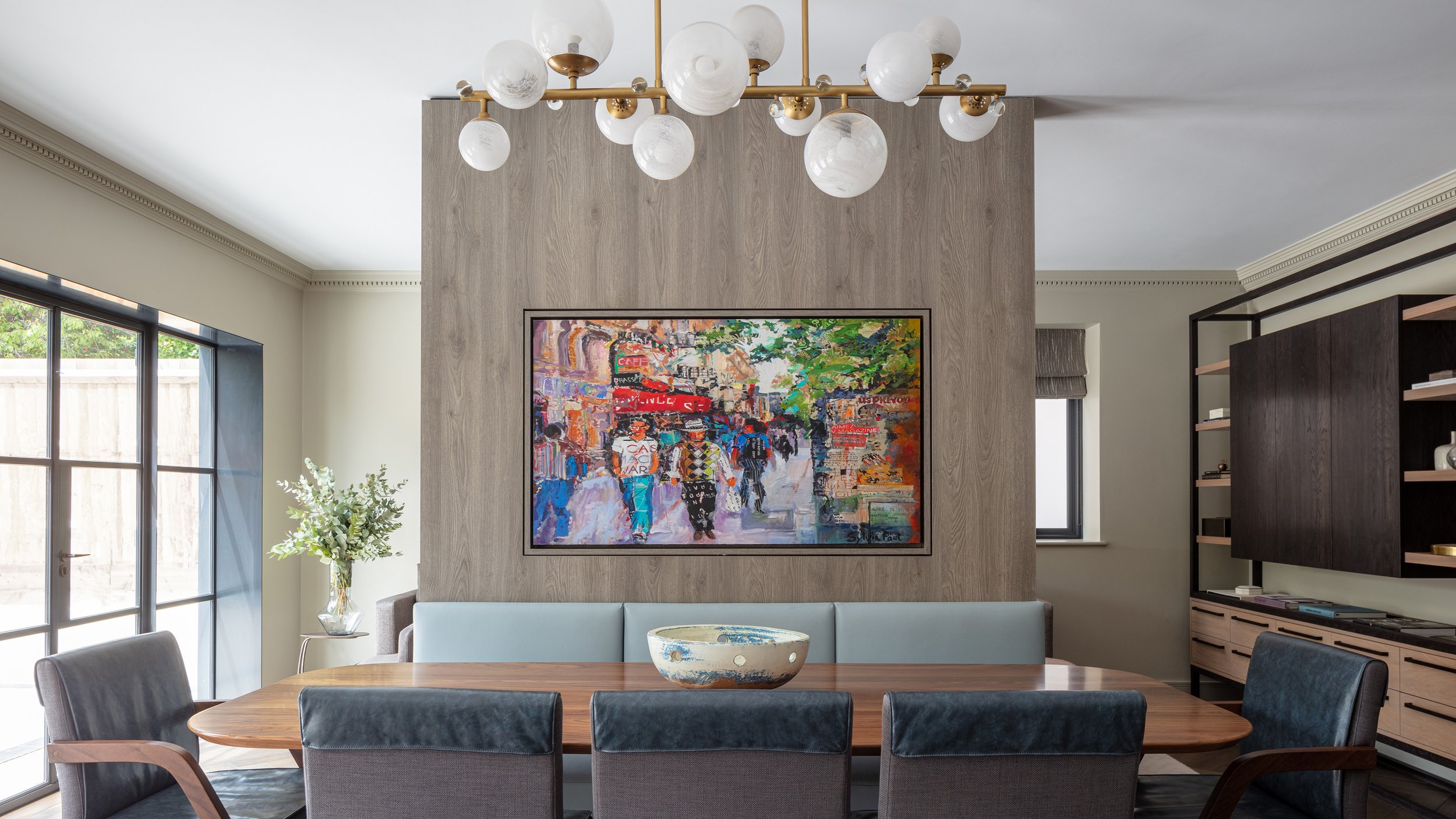 Roselind Wilson Design interior featuring layered timber, warm earthy tones and bespoke furniture in a London prime residential project. Dining Room and Large Art