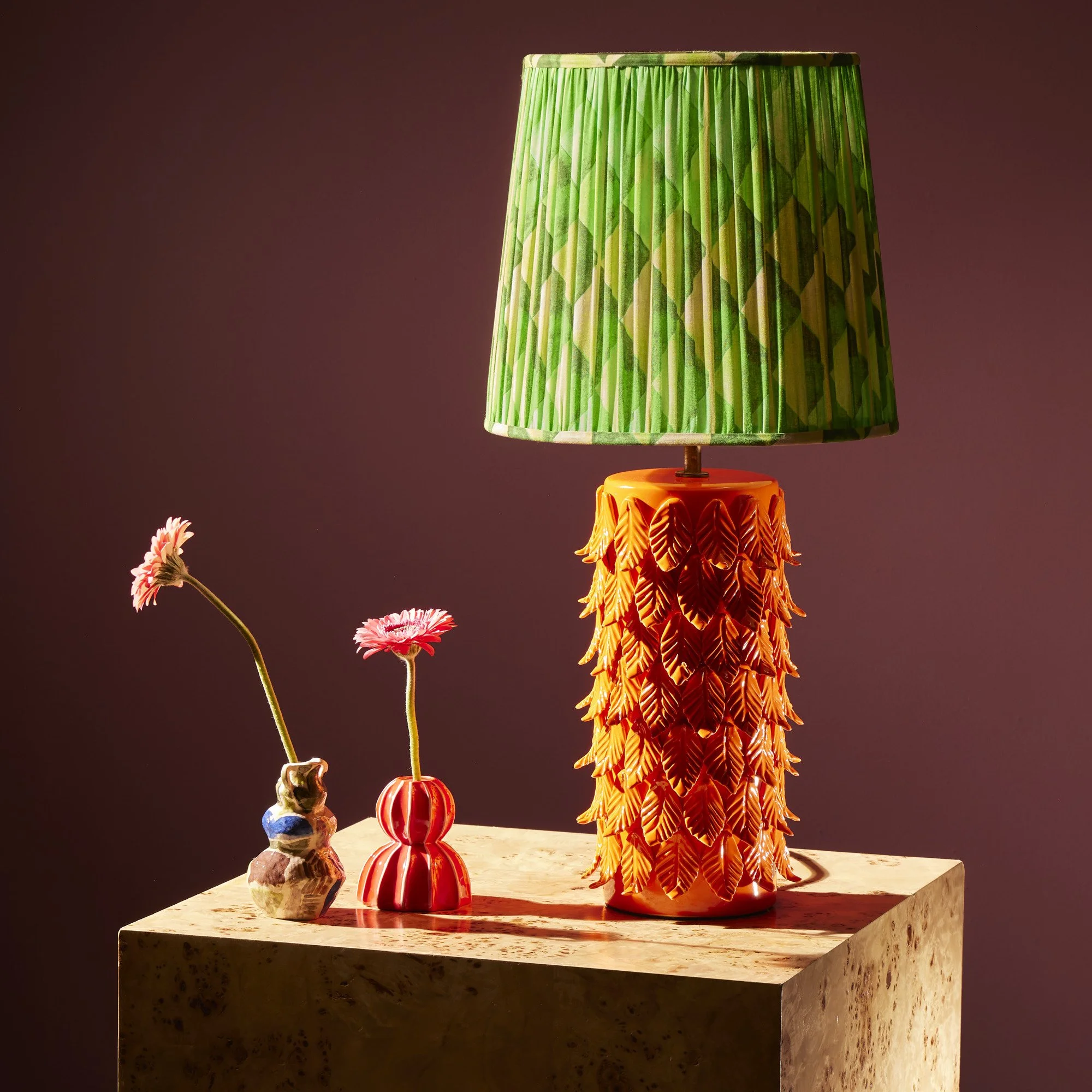 Pooky X Matthew Williamson, Palmier Lamp in Orange (£135) and 40cm Tall Tapered Shade in Green Harlequin (£117.50)-1.jpg