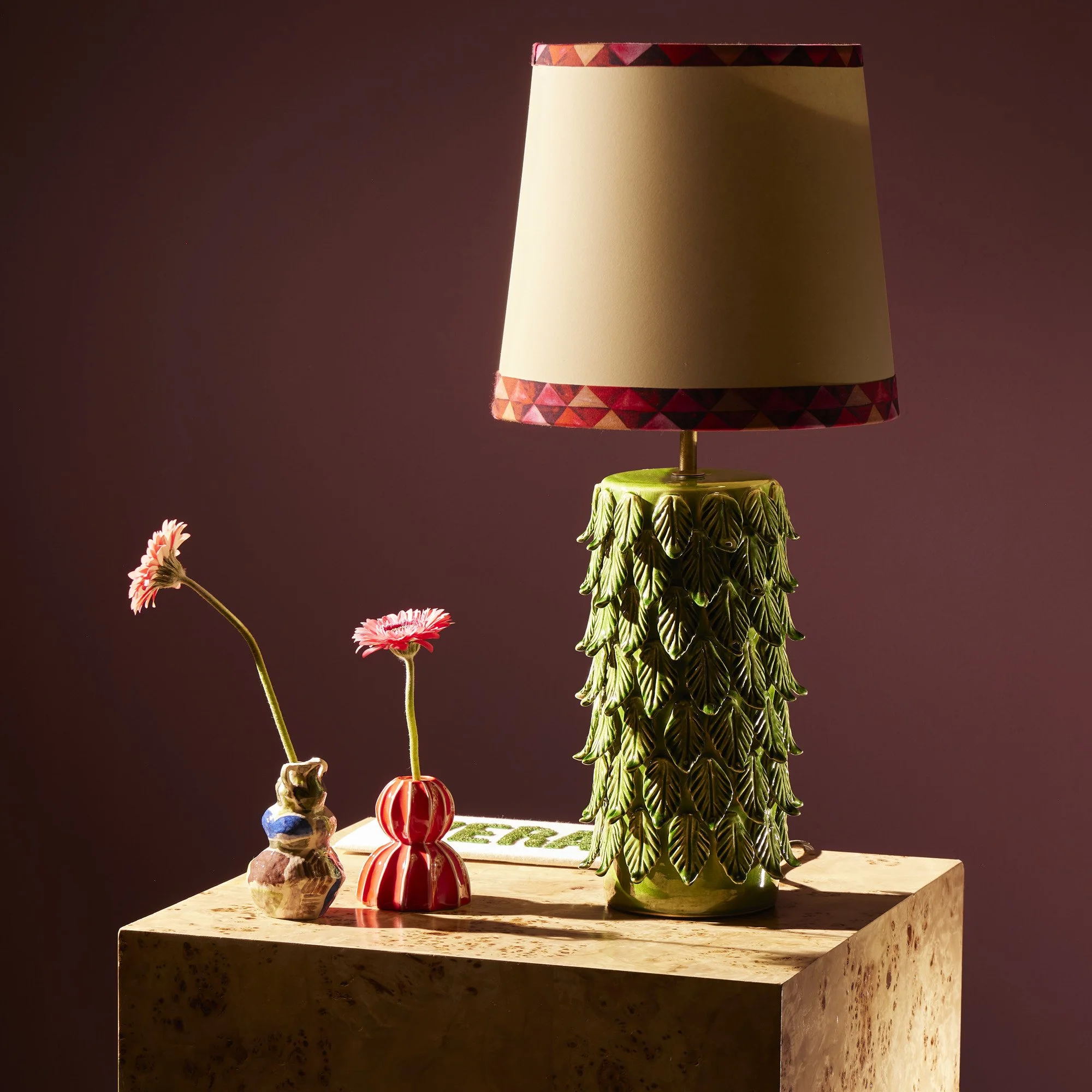 Pooky X Matthew Williamson, Palmier Table Lamp in Green (£135) 35cm Tall Tapered Shade in Red Card Harlequin (£68)-1.jpg