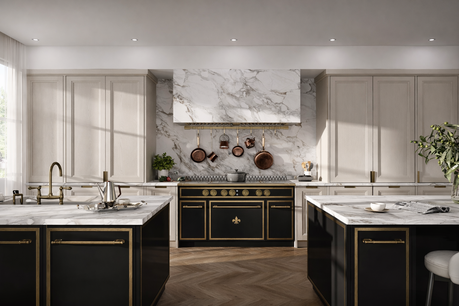 ullKitchen_LeLinéaire_Black&Brass bespoke luxury kitchen with double islands