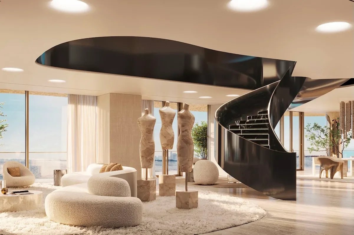 Maison-Margiela-Residences-living-room fashion -staircase.