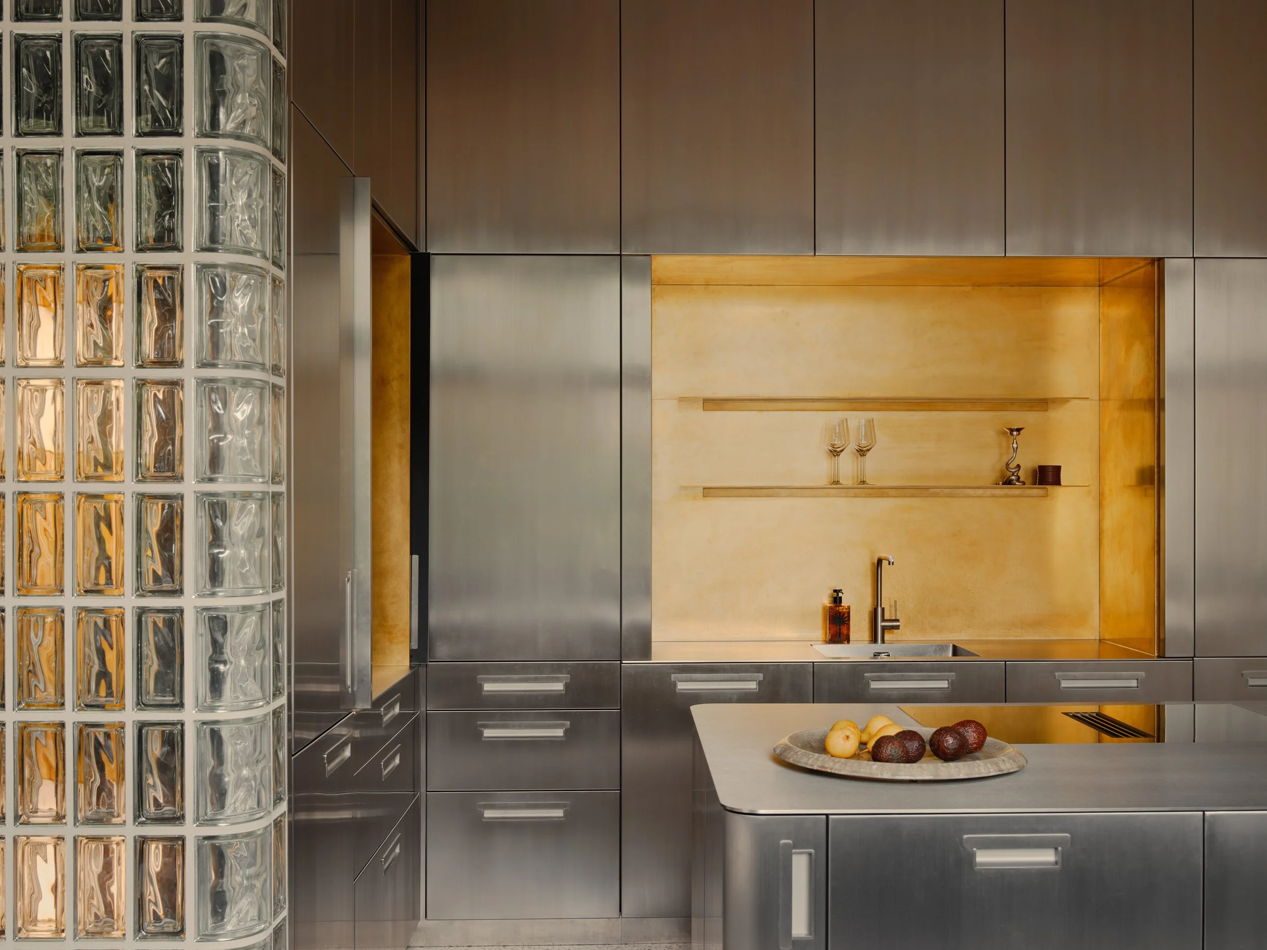 Studio Karhard Berlin apartment kitchen with glass brick wall