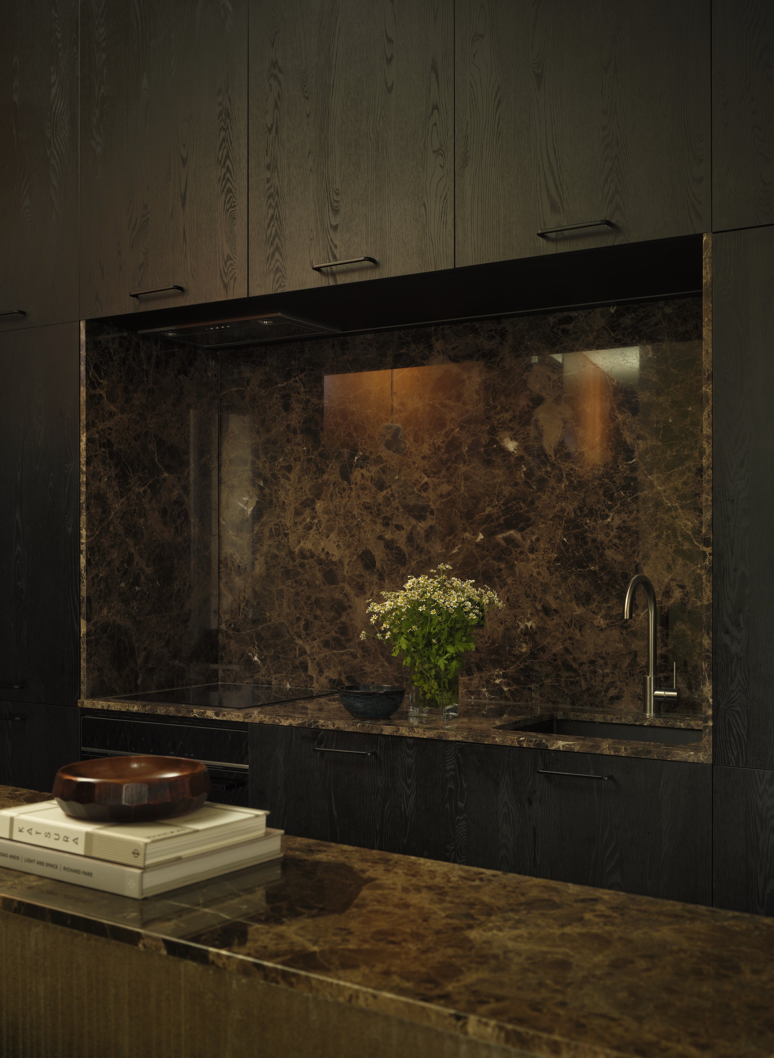 House in Penumbra (6) copy House in Penumbra Madrid Teleno Studio Kitchen Brown Emperador  marble.