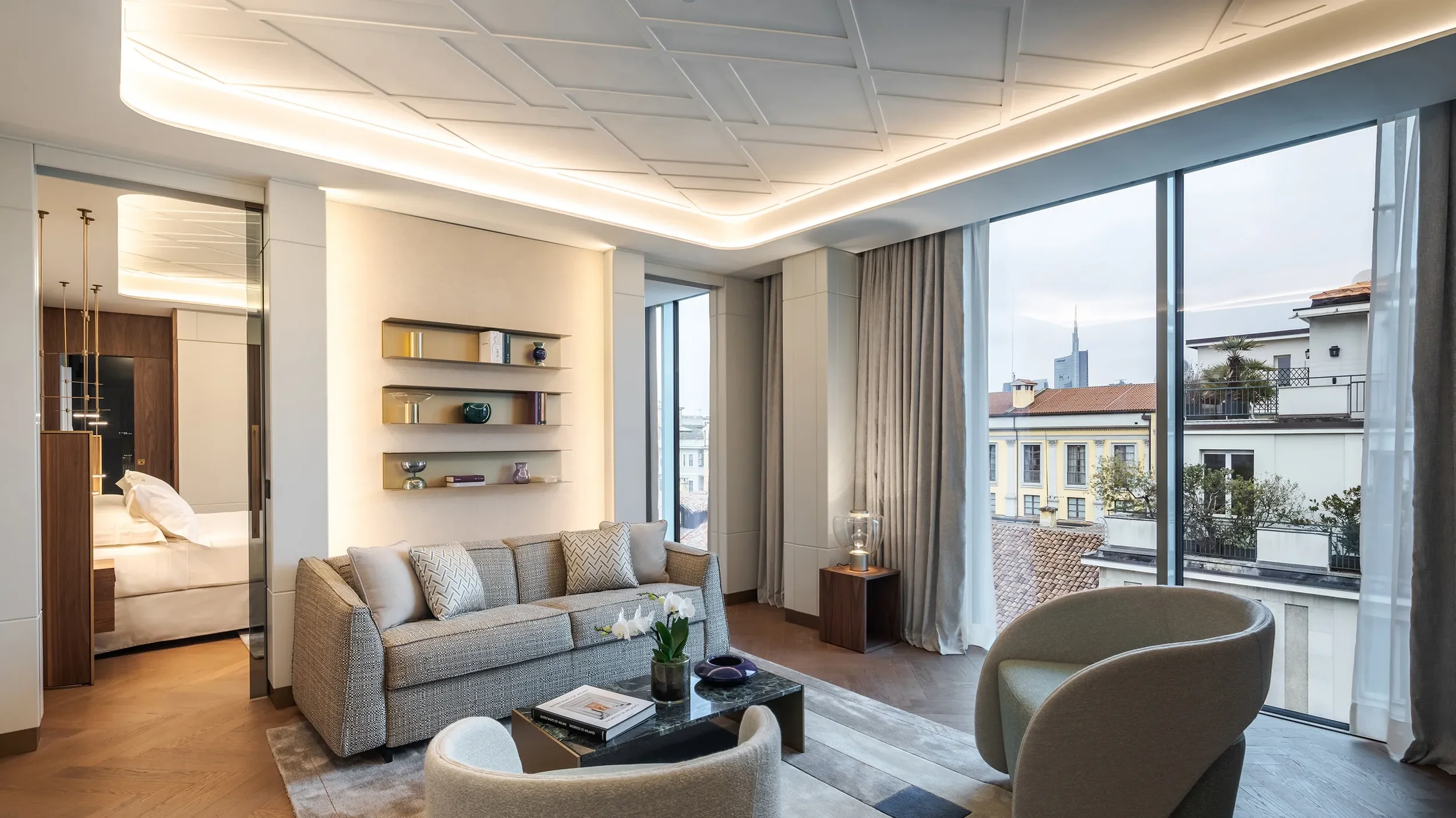 Casa Baglioni Hotel in Milan, Italy. Bedroom suite interior design view