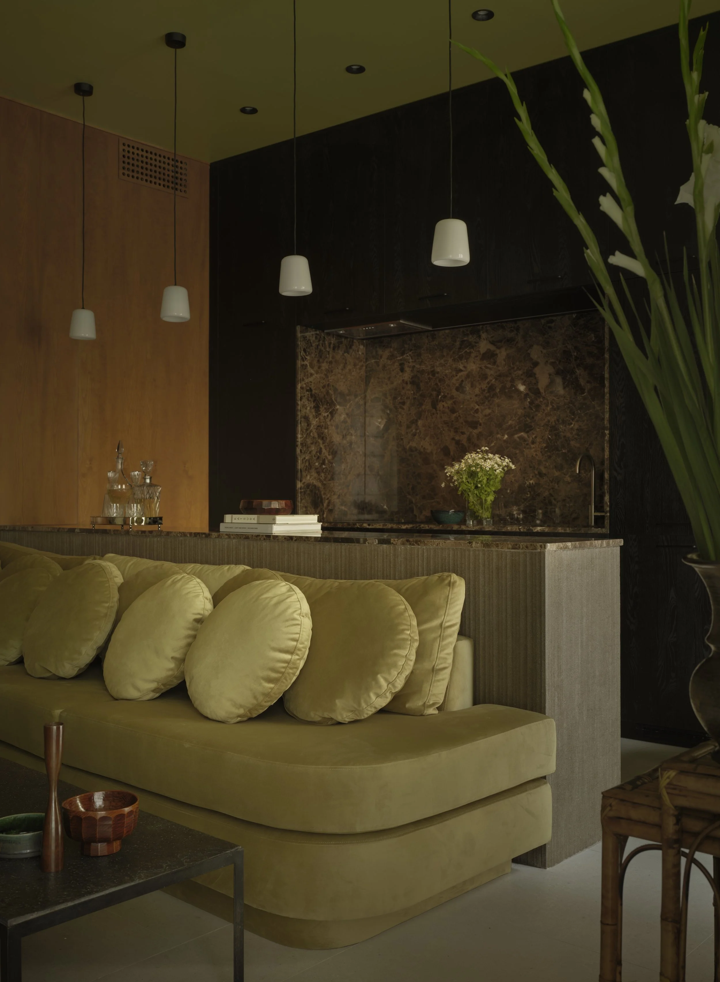 House in Penumbra Madrid Kitchen green and Emperador marble