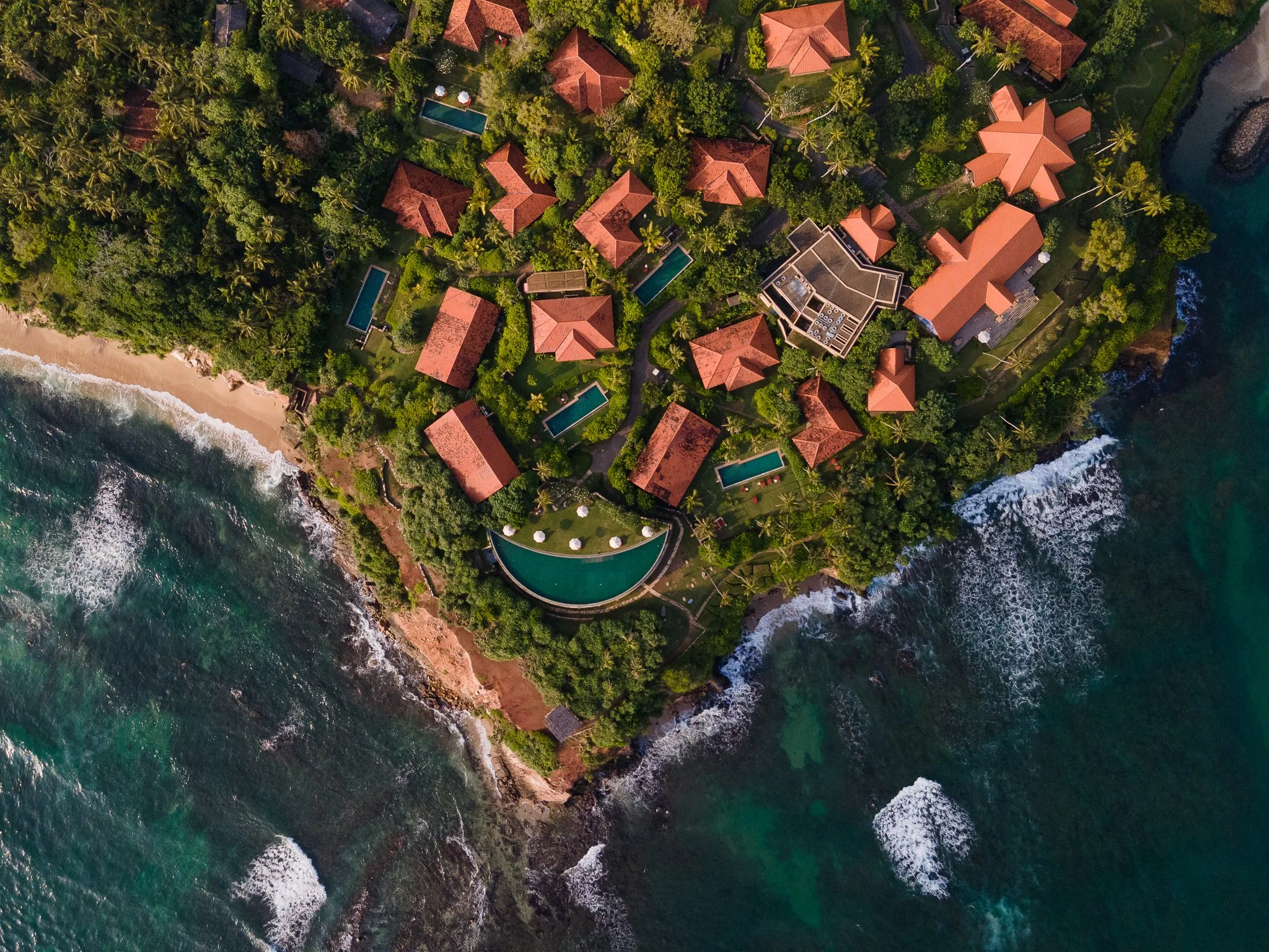 Cape Weligama aerial Sri lanka hotel and Indian Ocean. Luxury resort