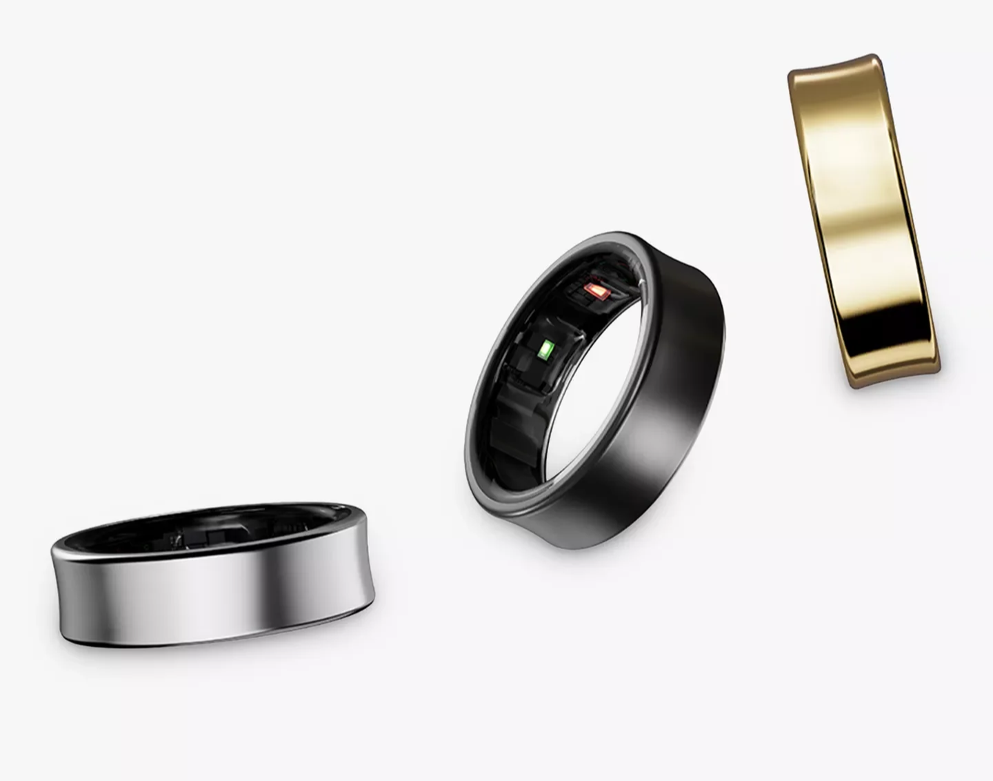 Galaxy smart rings in silver gold and black.