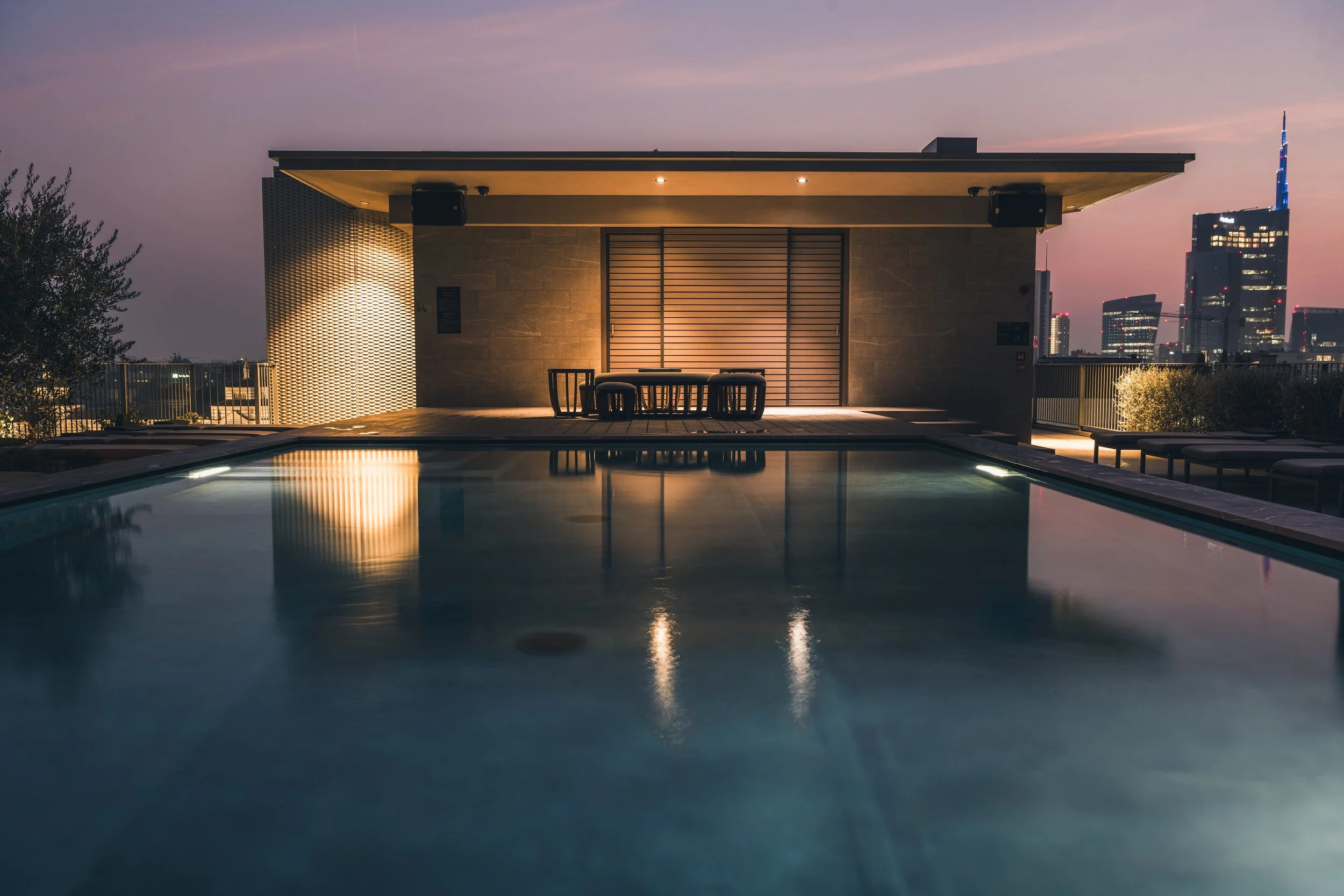 Hotel Viu Milan pool rooftop night time view