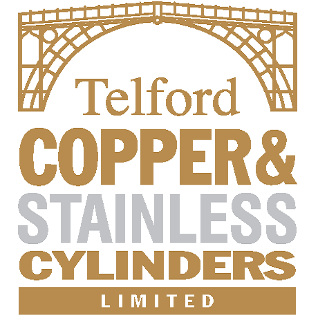 Logo for Telford Copper & Stainless Cylinders Limited featuring a stylized bridge in gold at the top, with the company name in bold gold and gray lettering.