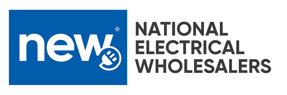 Logo of New National Electrical Wholesalers with a blue square background, white text 'new', and black text 'NATIONAL ELECTRICAL WHOLESALERS', along with a plug icon incorporated into the letter 'e'.
