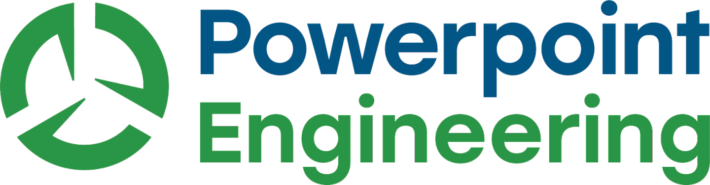 Logo of PowerPoint Engineering featuring a green circular graphic and the words 'Powerpoint Engineering' in blue and green text.