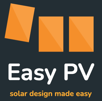 Three orange geometric shapes resembling solar panels above the text 'Easy PV' and the phrase 'solar design made easy' in orange.