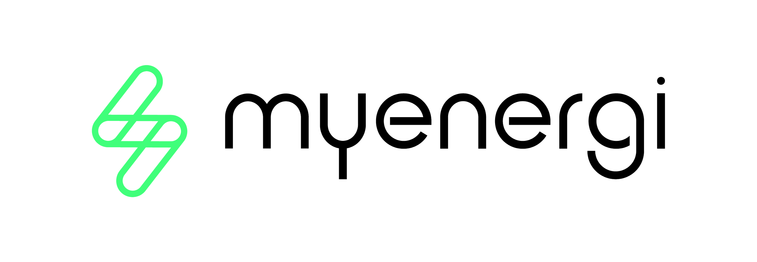 Neon-style logo of Myenergi with a green intertwined double stylized lightning bolt symbol to the left of the word "Myenergi" in black outline text.