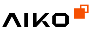 Logo with the word 'AIKO' and an orange geometric shape resembling a square with an arrow