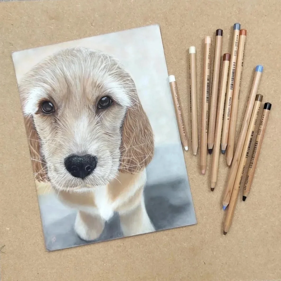 Cute Golden Cocker Spaniel puppy drawn close up in pastels.