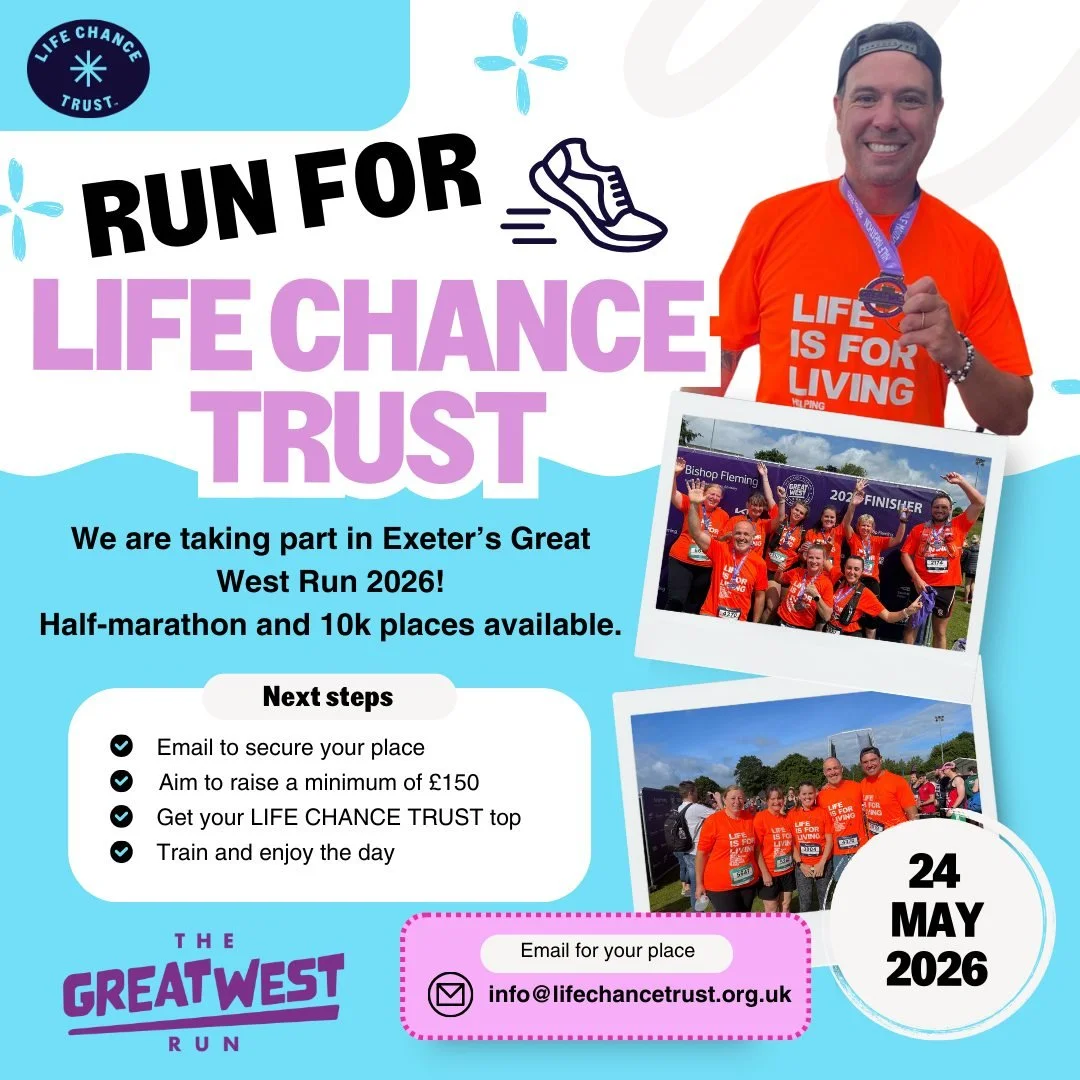 🏃🏃 We&rsquo;re back for the Exeter Great West Run 2026! 🎉

After such an amazing time at last year&rsquo;s event, Life Chance Trust is thrilled to be taking part again on Sunday 24th May 2026. This time, we have both Half Marathon AND 10k charity 